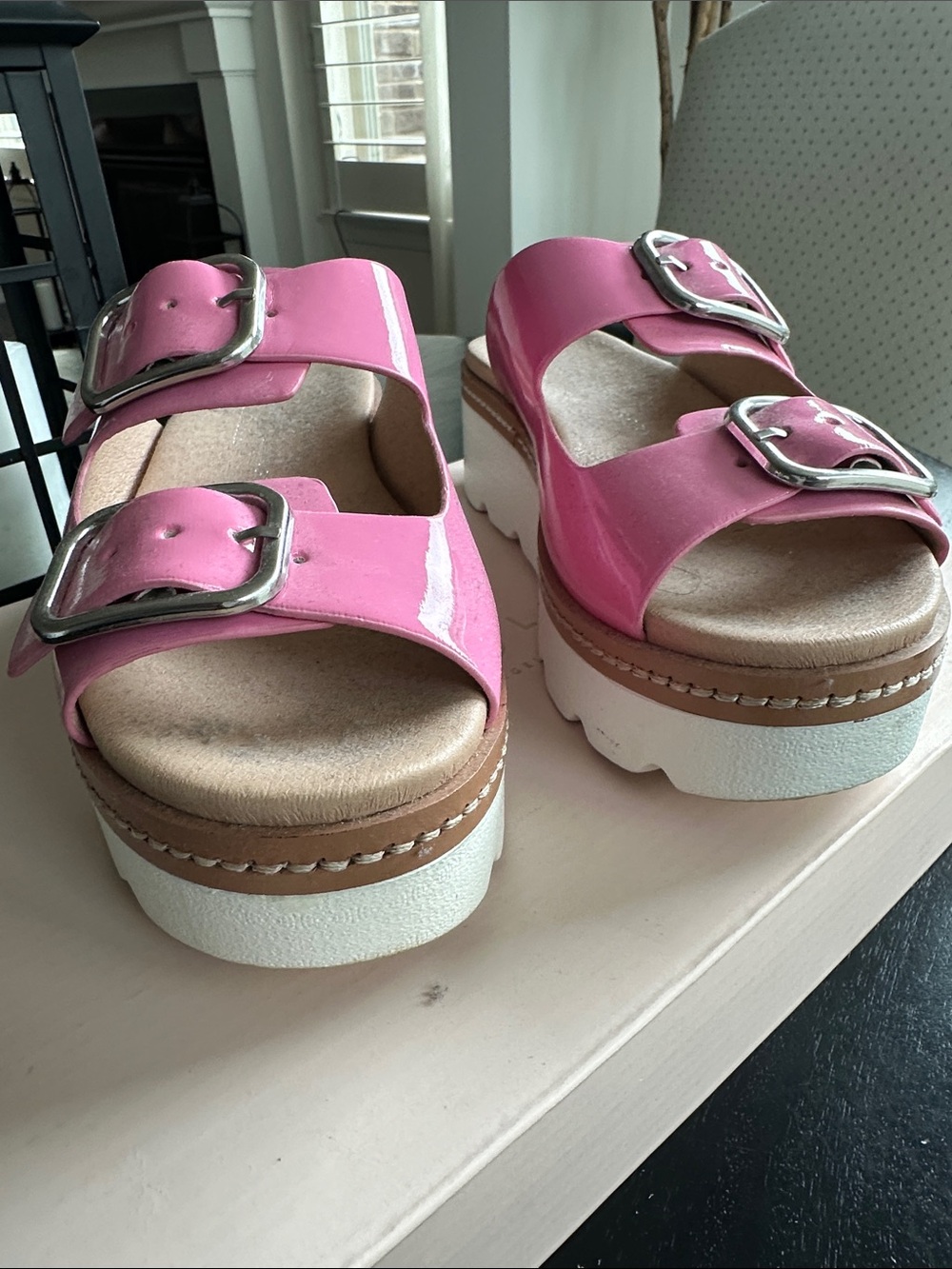 Chinese Laundry Pink Double-Buckle Platform Slide Sandals